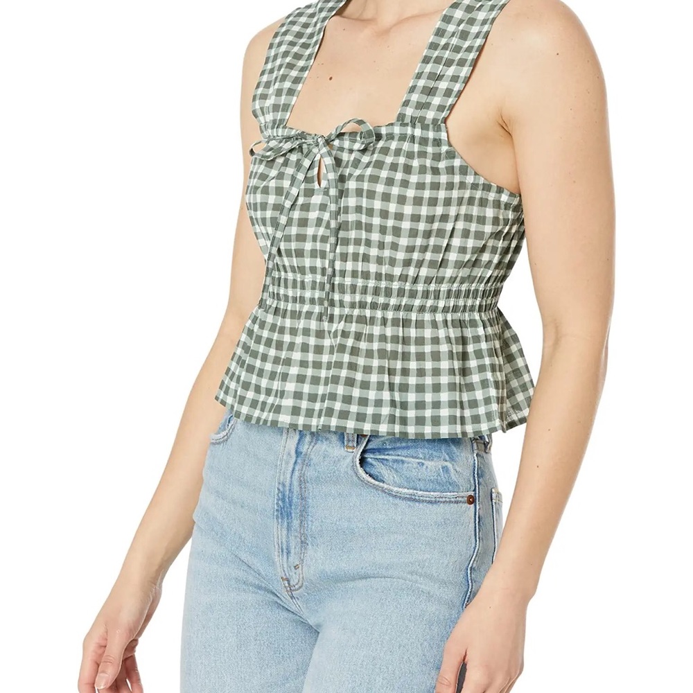 Madewell Green Gingham Tie-Front Peplum Top